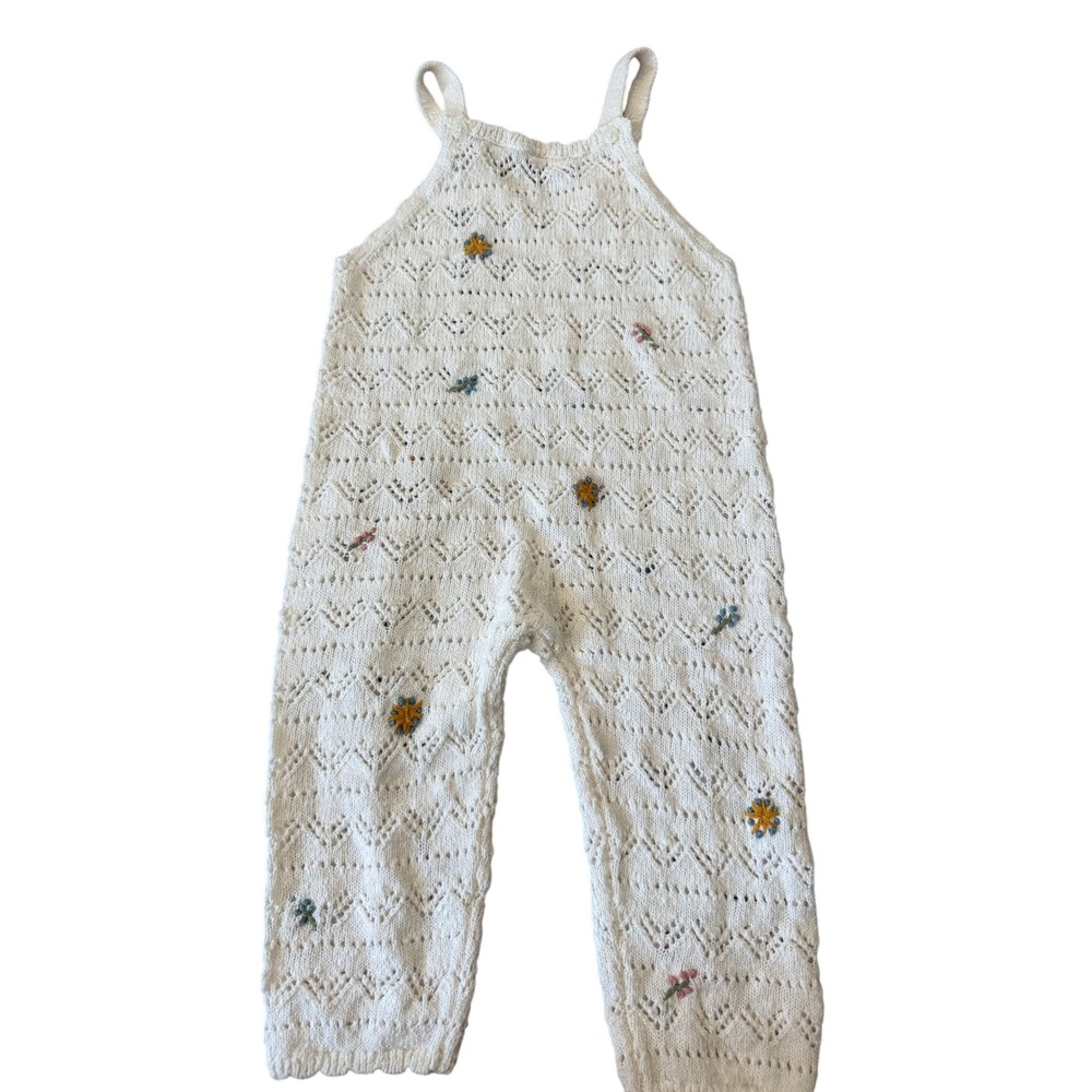 Zara Kids Baby Cream Pointelle Knit Floral Embroidered Overalls 12-18 Months